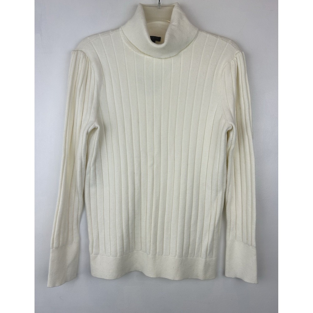 Talbots Sweater L Petite Ivory Ribbed Turtleneck Puff Sleeve Classic Minimalist